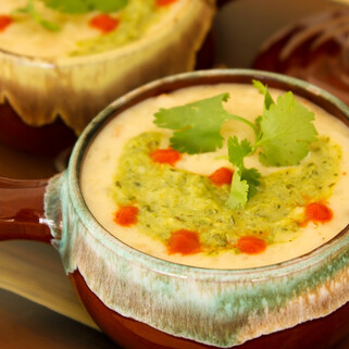 Mexican Idaho® Potato Cheese Soup with Poblano Crema