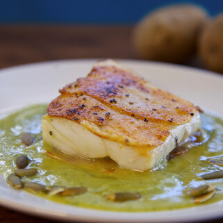 Potato Crusted Alaskan Cod In Spicy Zucchini Pepita Sauce