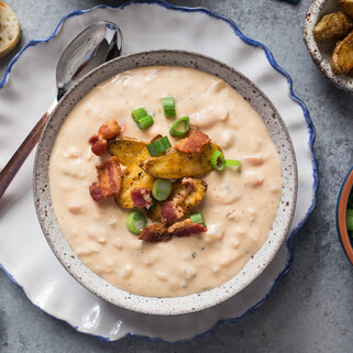 Bacon Beer Cheese Soup with Crispy Idaho® Potato Croutons