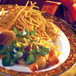 Curry Idaho Shoestring Potatoes with Roasted Cod