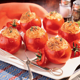 Baked Tomatoes Stuffed with Cheesy Idaho® Potatoes