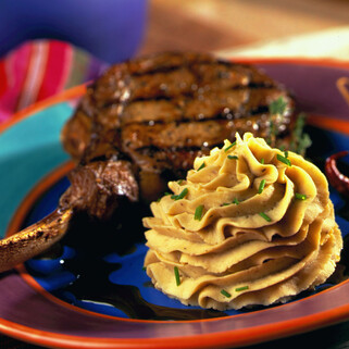 Red Chile Glazed Veal Chop with Potato and Roasted Chestnut Puree 