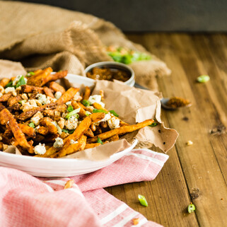 Fresh Cut Idaho Fries with Sweet Soy Glaze, Toasted Walnuts, Gorgonzola and Togarashi