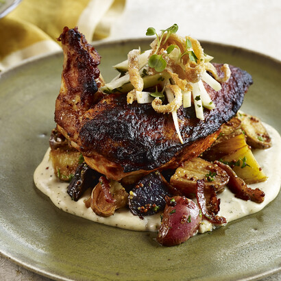 Hot Chicken, Biscuit Purée, Warm Potato Salad, Kohlrabi, Candied Skin
