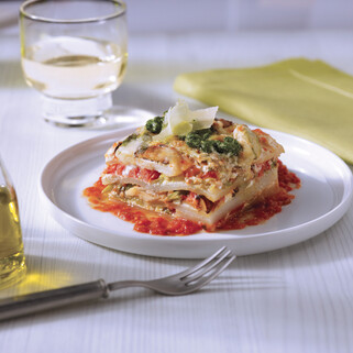 Potato Lasagna with Lemon Ricotta, Pesto and Spicy Tomato Coulis