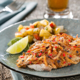 Parmesan, Potato and Tortilla Encrusted Tilapia with Tropical Salsa 