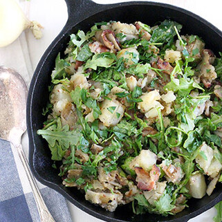 Skillet Potato Salad with Bacon and Arugula