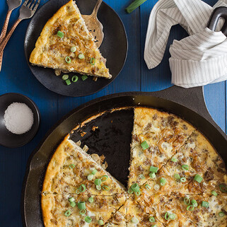 Sausage & Caramelized Onion Quiche with Hash Brown Crust