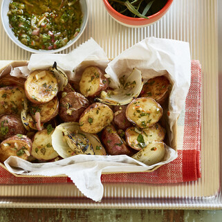  Schmaltz-Roasted Idaho® Potatoes with Grilled Onions and Salsa Verde