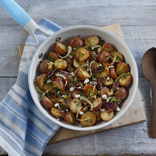 New Potatoes with Roasted Garlic, Pink Peppercorns and Kalamata Olives