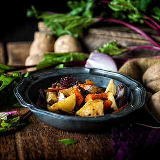 Roasted Carrots, Beets, Red Onion Wedges and Idaho® Potatoes