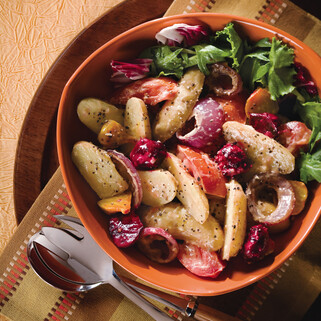 Warm Potato, Roasted Beet, and Roma Tomato Salad, with Herb Pesto