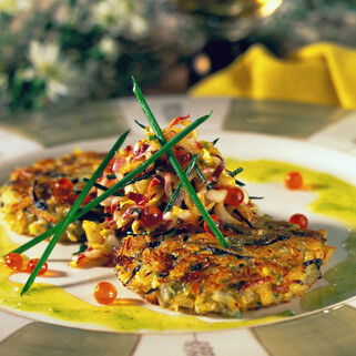 Idaho® Potato, Crab and Onion Pancake with Endive and Caviar Salad