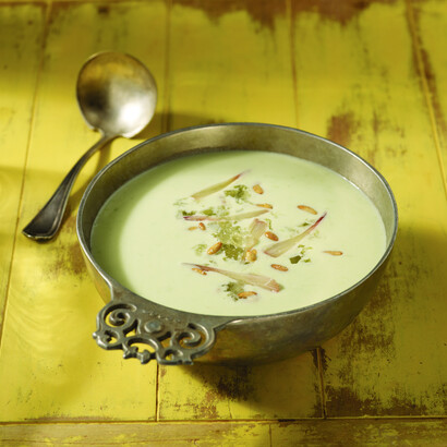 Potato and Ramp Green Soup with Candied Pine Nuts and Creme Fraiche