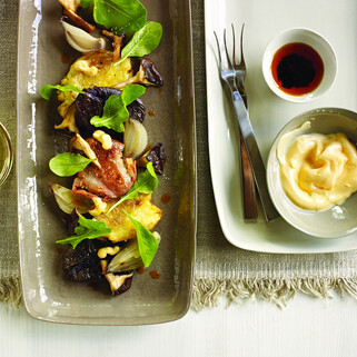 Smoked Shiitakes With Fingerling Potatoes, Shallots And URFA Chili-Kewpie Mayo