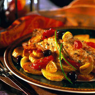 Roasted Yellowtail Snapper with Potatoes, Olives and Tomatoes