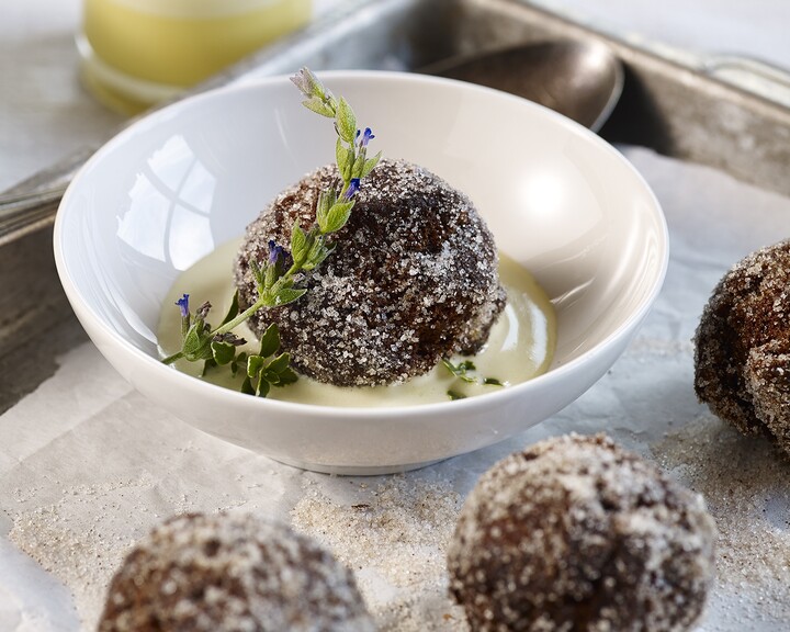 Chocolate Potato Donuts with Cr&egrave;me Anglaise