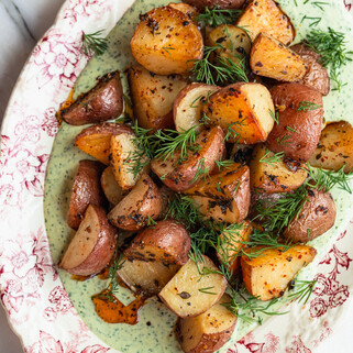 Oven Roasted Red Potatoes Over Herby Yogurt