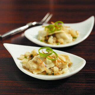 Baked Potato Creme Fraiche Agnolotti, Potato Brown Butter, Pancetta, Truffle Essence