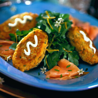 Herb Potato Fritters with Smoked Atlantic Salmon & Watercress