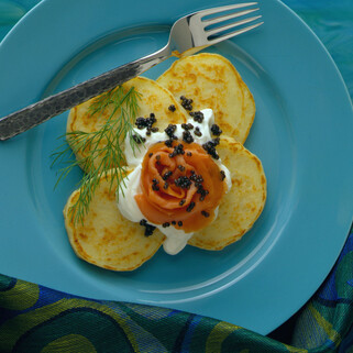 Potato Pancakes Vonnas with Smoked Salmon and (Osetra) Caviar