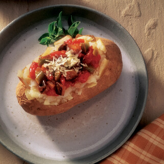 Baked Potatoes with Eggplant Parmesan Topping