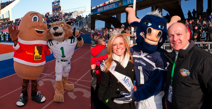 Frank Muir, President and CEO of the IPC (far right), Miss Idaho Genevieve Nutting (center) and Spuddy Buddy all played an important role in the festivities at the inaugural Famous Idaho&reg; Potato Bowl.